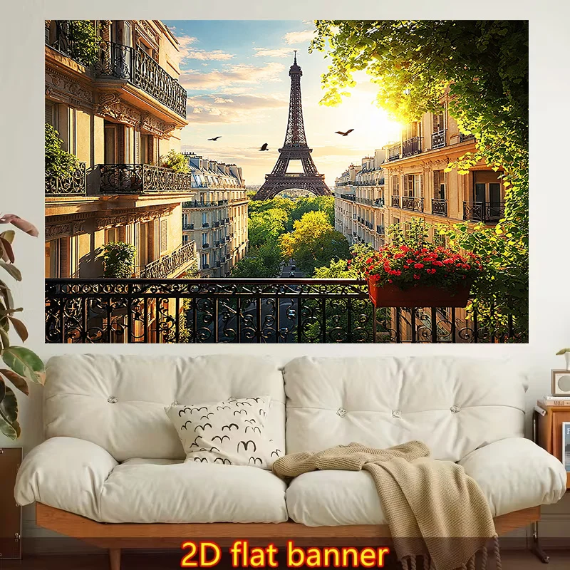 Romantic Paris Eiffel Tower Tapestry Wall Hanging French City View Decor Polyester Art for Living Room Bedroom Home Decor