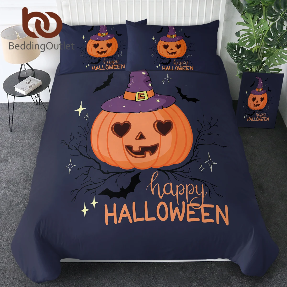 

BeddingOutlet Happy Halloweens Pumpkin Bat Duvet Cover Magic Witch Polyester Bedding Set Kid Adult Bedroom Decor Hallowmas Gifts