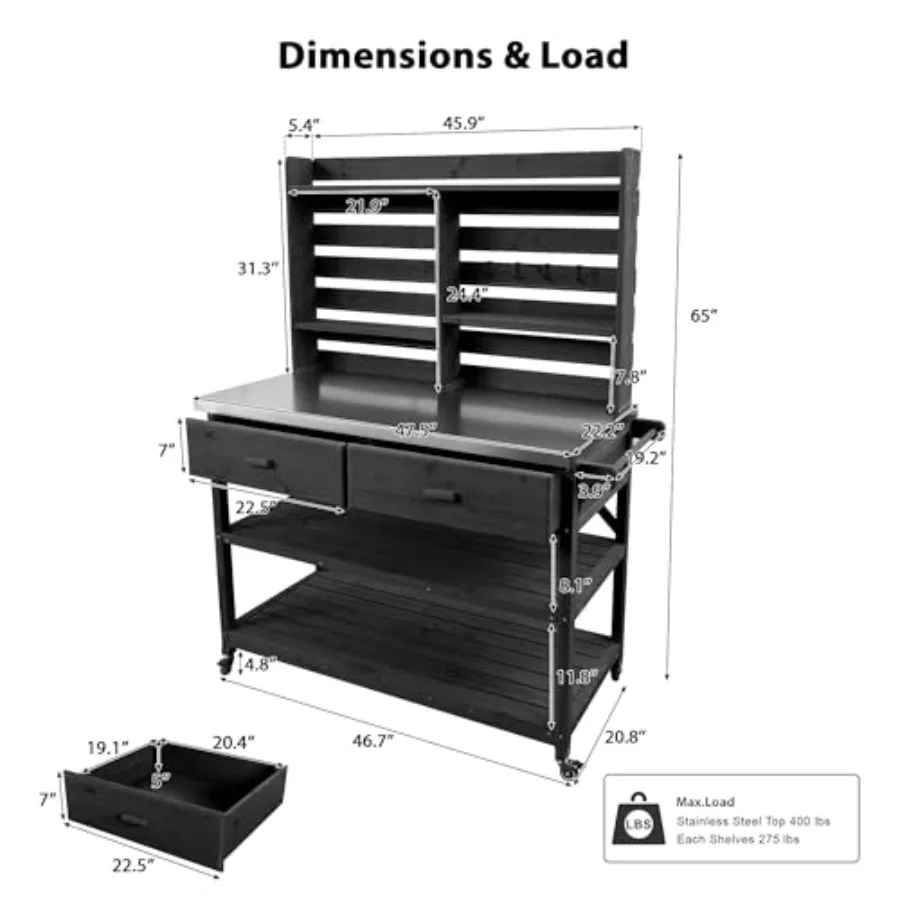Outdoor Potting Bench with Storage, Potting Garden Table with Lockable Wheels, Wood Gardening Work Bench with Upper Hutch, Pott