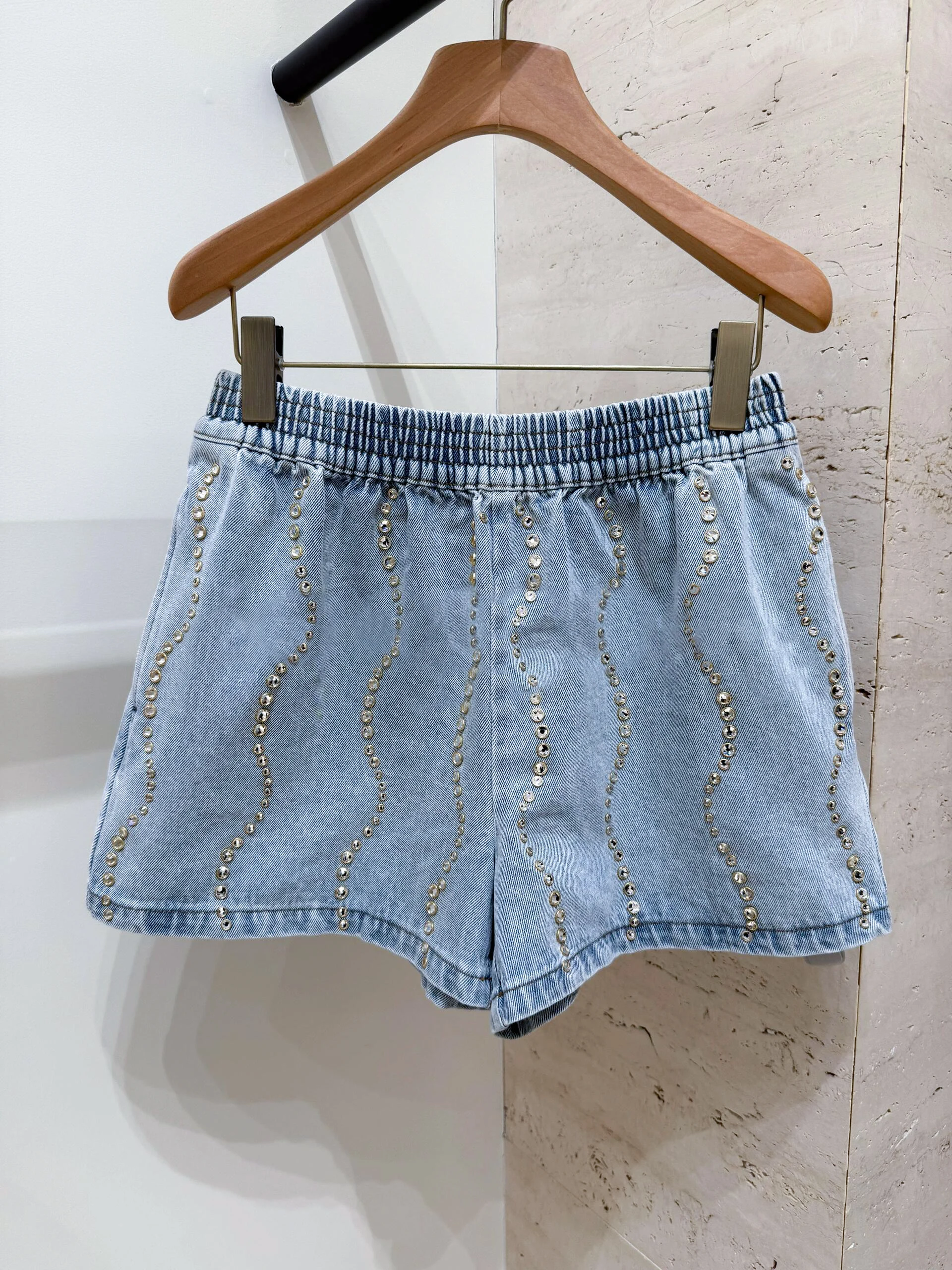 

High Waist Diamond Embellied Heavy Du Denim orts Casual Sle Bright Tead Crt Wide Leg Pants for Women