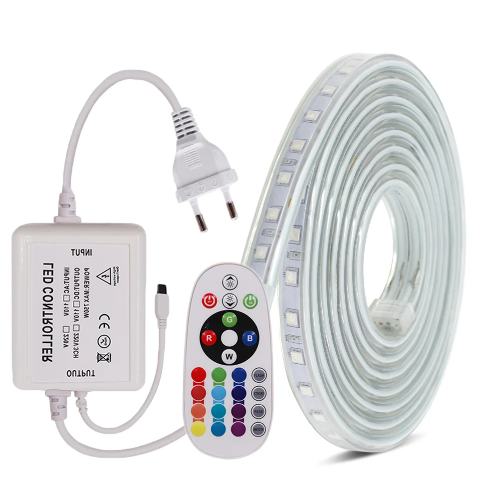 Taśma LED AC220V wodoodporna SMD5050 60 leds/m biały/ciepły biały/taśma LED RGB z pilotem lampa zewnętrzna Home Decor