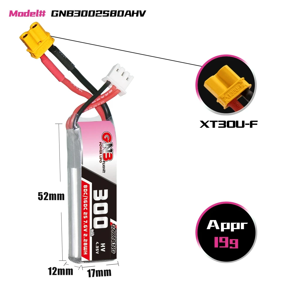 GAONENG GNB 300mAh HV 2S 80C 160C 7.6V XT30 LiPo Battery TurboBee Cine Whoop Happymodel Crux3 iFlight CineBee