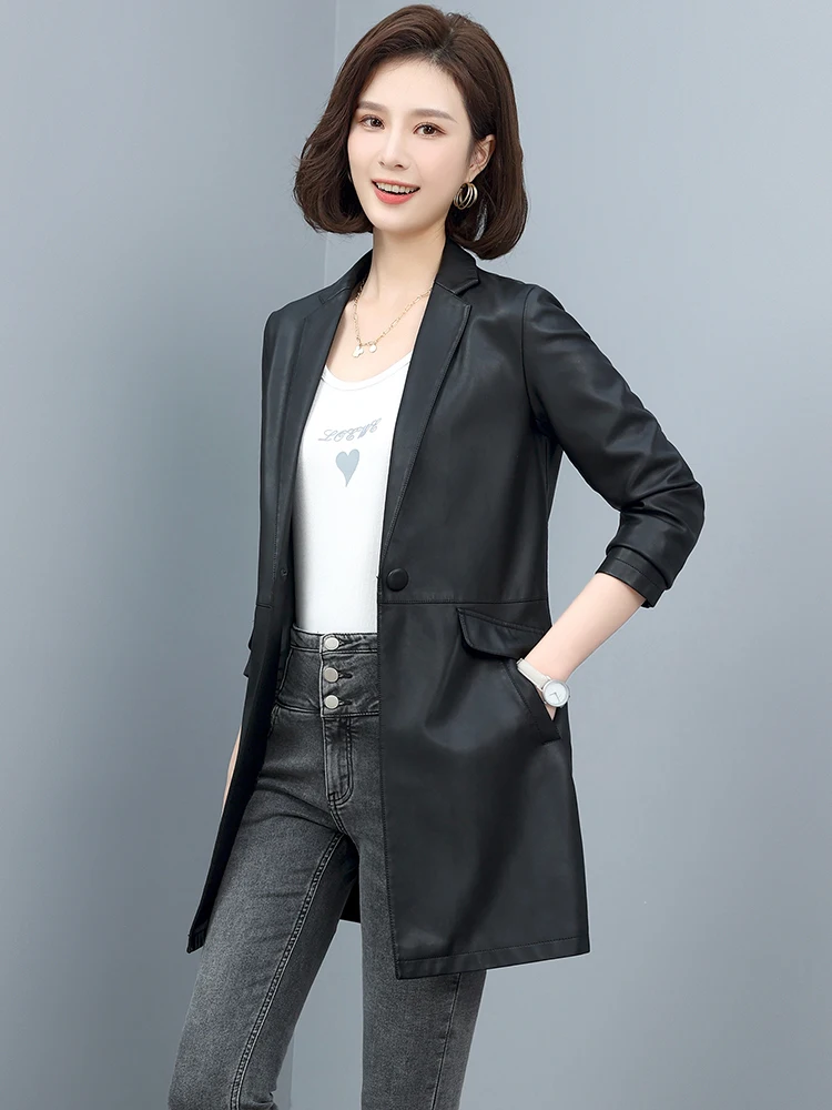 Nouvelle Femmes Élégant Femme de bureau Un bouton Cuir blazer Printemps automne 2024 Col cranté à la mode Manche longue Manteau en peau de mouton pour dames