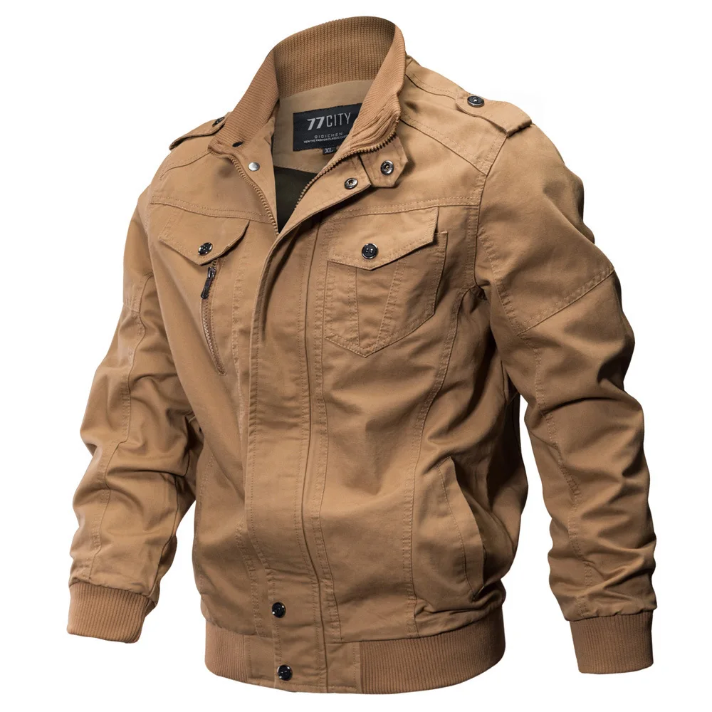 New Autumn Men Multiple Pockets Stand Collar Cargo Jackets Fashion Male Cotton Outdoor Casual Coats Man Tooling Jackets XXL
