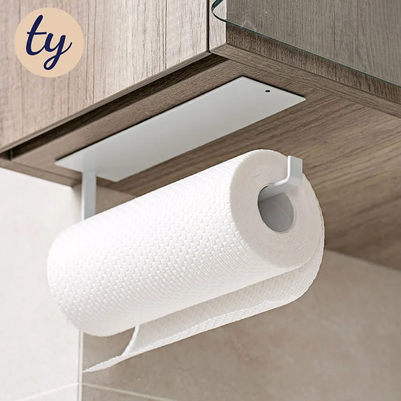 

Iron Kitchen Organizer, No-Drill Adhesive Paper Towel Holder and Wrap Dispenser, Wall Mounted Rack for Sponge, Towel, Utensils