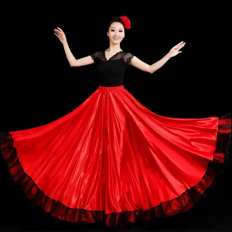 Moda Dorosły Dziecięcy Cygańska Dziewczyna Kobiety Hiszpańska Spódnica Flamenco Paski Satyna Jedwab Duża Rozkloszowana Spódnica do Tańca Brzucha Czerwona Spódnica Występ Zespołowy