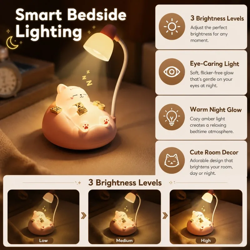 Cute Sleeping Cat Night Light Silicone Tap Control USB Rechargeable 3 Brightness Baby Nursing Lamp for Bedroom Kids Night Light