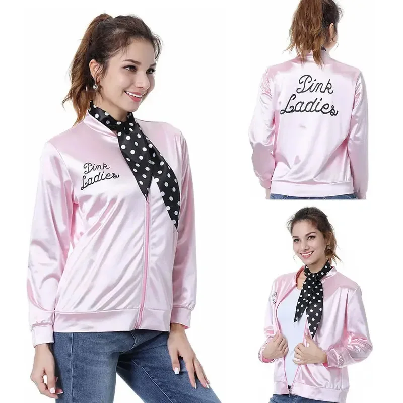 

CyPink Ladies Grease Cosplay Costume Women 1950s Retro Jacket Fancy Cheerleader Disguise Autumn Coat Halloween Carnival Party Su