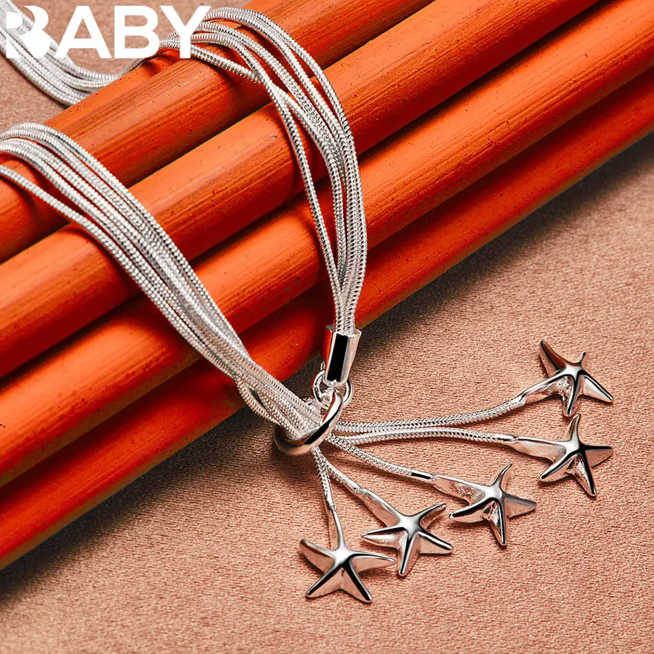 

URBABY 925 Sterling Silver Five Starfish Multi Snake Chain Necklace For Women Fashion Jewelry Cute Grace Birthday Gift Party