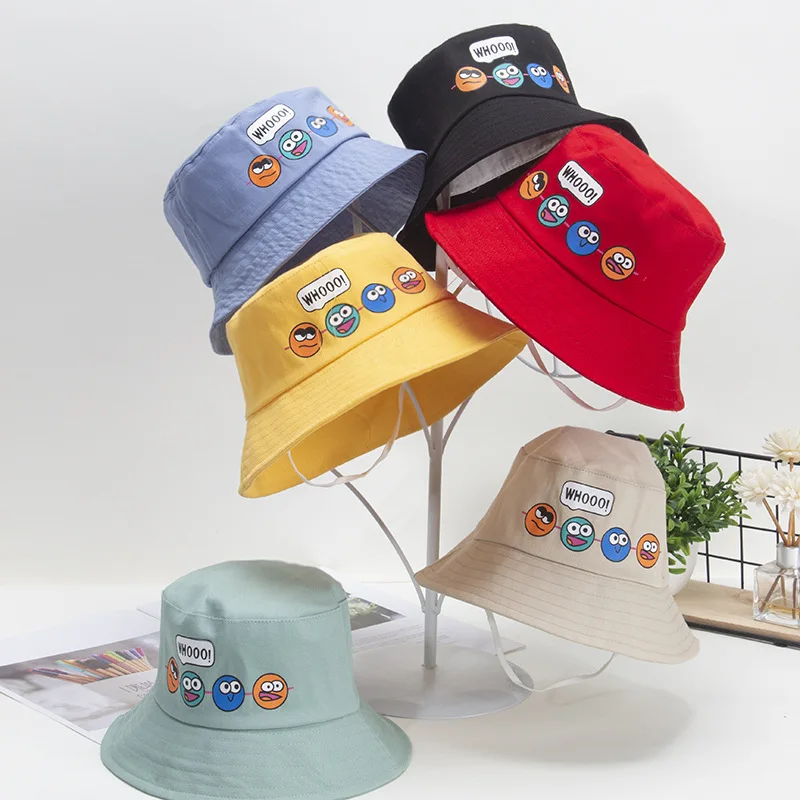 Cute Kids Cartoon Bucket Hats Baby Boys Girls Outdoor Sun Hats Children Summer Caps with Windproof Rope 2-8years Old