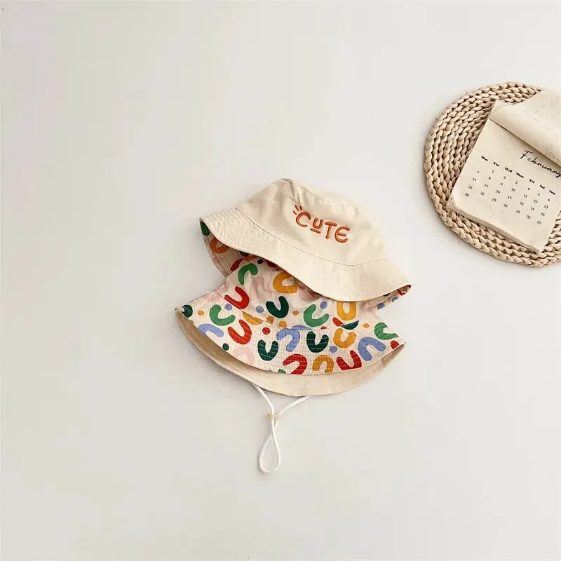 Double Sided Baby Bucket Hat Letter Embroidered Boys Girls Fisherman Cap Spring Summer Outdoor Kids Sun Hat