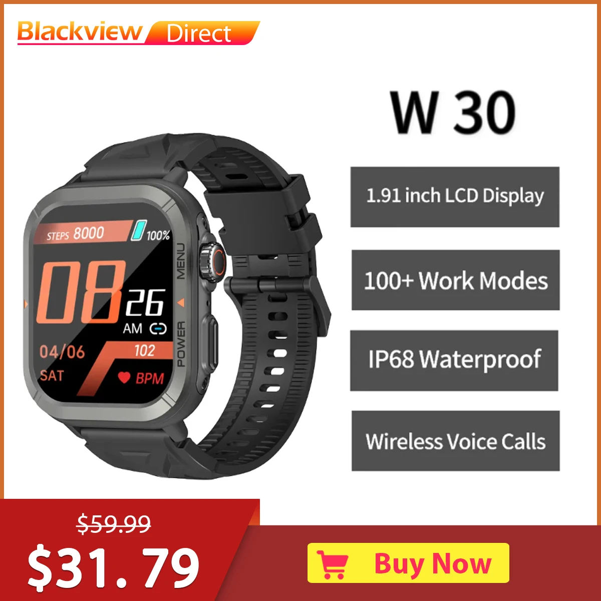 Blackview W30 Smartwatch for Men and Women,IP68 Waterproof,260mAh Battery,Fitness Tracker Sport watch for IOS Android Cellphones