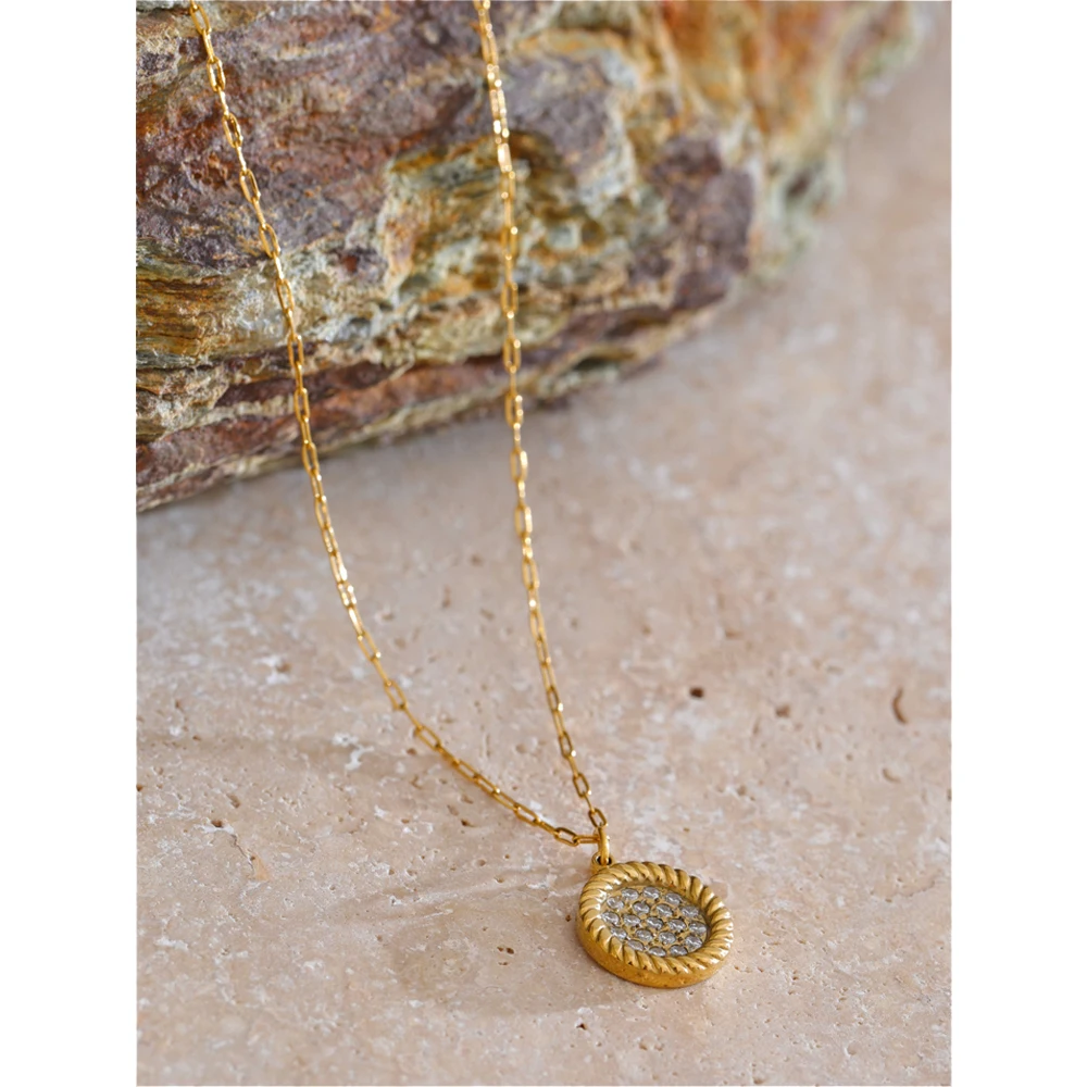 Yhpup Exquisite Stainless Steel Shiny Cubic Zirconia Round Necklace Pendant 18K Gold Color PVD Plated Chic Jewelry Daily Gift
