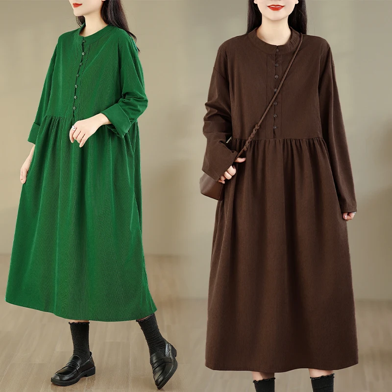 Lente Katoen Fluweel Lang Dr Herfst Winter Warm f Knop rond Ne Long Sve Kleur Midi Dr Pendelen Sle