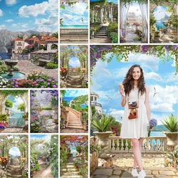 MOON.QG Spring Scenery European Manor Backdrop Photography Archway Castle Mountain Pathway Waterfall Portrait Studio Background