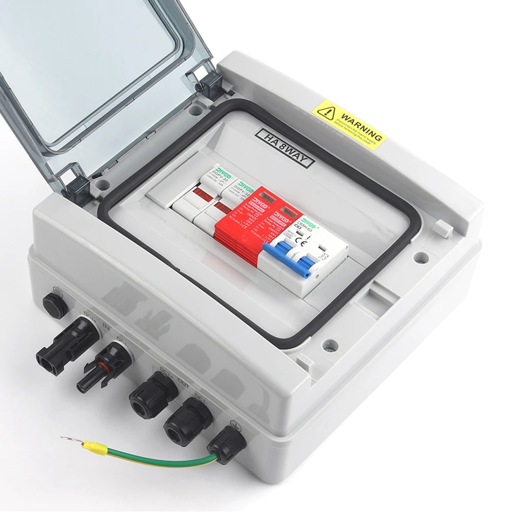 กล่องรวมสายไฟฟ้ากระแสตรงสำหรับแผงโซลาร์เซลล์ 500V 1 ช่องเข้า 1 ช่องออก พร้อมระบบป้องกันไฟกระชากและฟิวส์ DC พร้อมเบรกเกอร์ MCB สำหรับโซลาร์เซลล์ ระดับการป้องกันน้ำ IP65