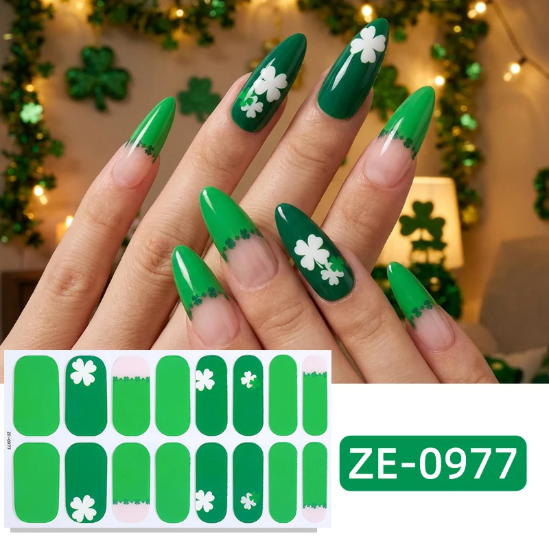 16Tips St. Patrick's Day Full Cover Nail Polish Strips Green Clover Adhesive Nail Wraps Manicure Decoration Nail Sticker