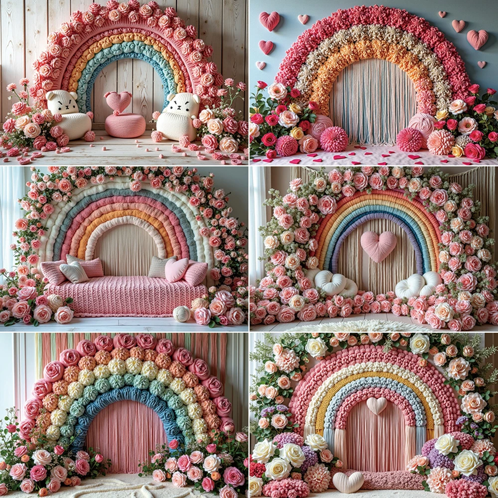 

MOON.QG Valentine's Day Background Photography Arch Rose Rainbow Girl Birthday Photozone Backdrop Children Studio Photobooth