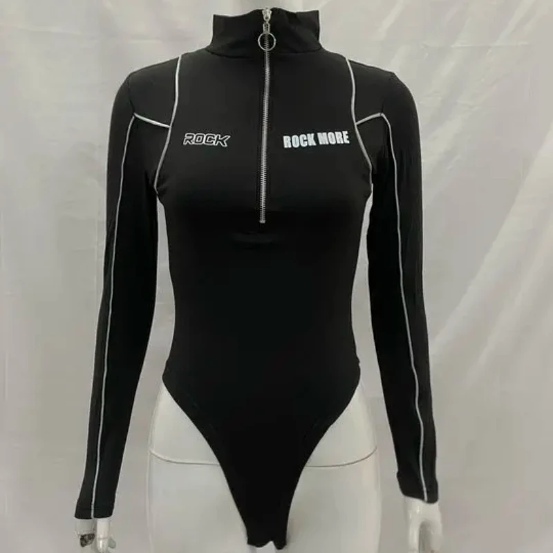 هاي ستريت بلون عالي الرقبة شريط عاكس سحاب ملتصق ملابس نسائية طبقة أساسية ضيقة مثيرة بأكمام طويلة #2