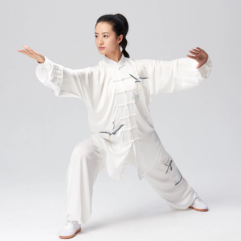 Women's Unisex Tai Chi Suit White Crane Embroidery Performance & Competition Martial Arts Training Wear