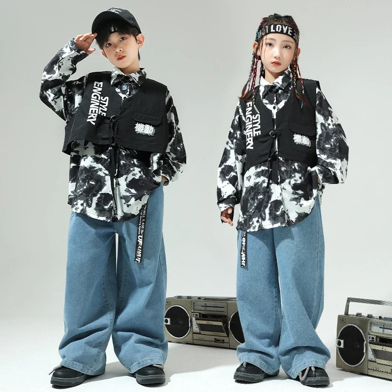 New Jazz Dance Costumes for Kids Loose Shirts Denim Pants Street Dance Wear Boys Girls Ballroom Hip Hop Dance Rave Clothes Sets