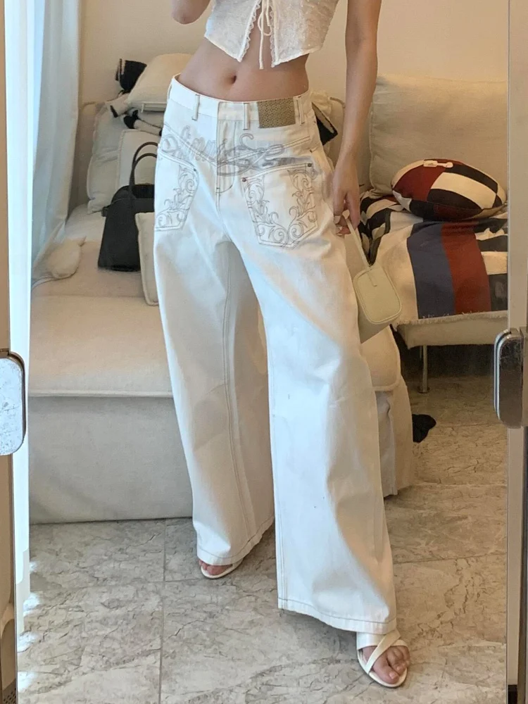 American High Street Design Printed Distred Wide Leg Jeans Women's Sexy Knife  Pants High Waist Long Trousers