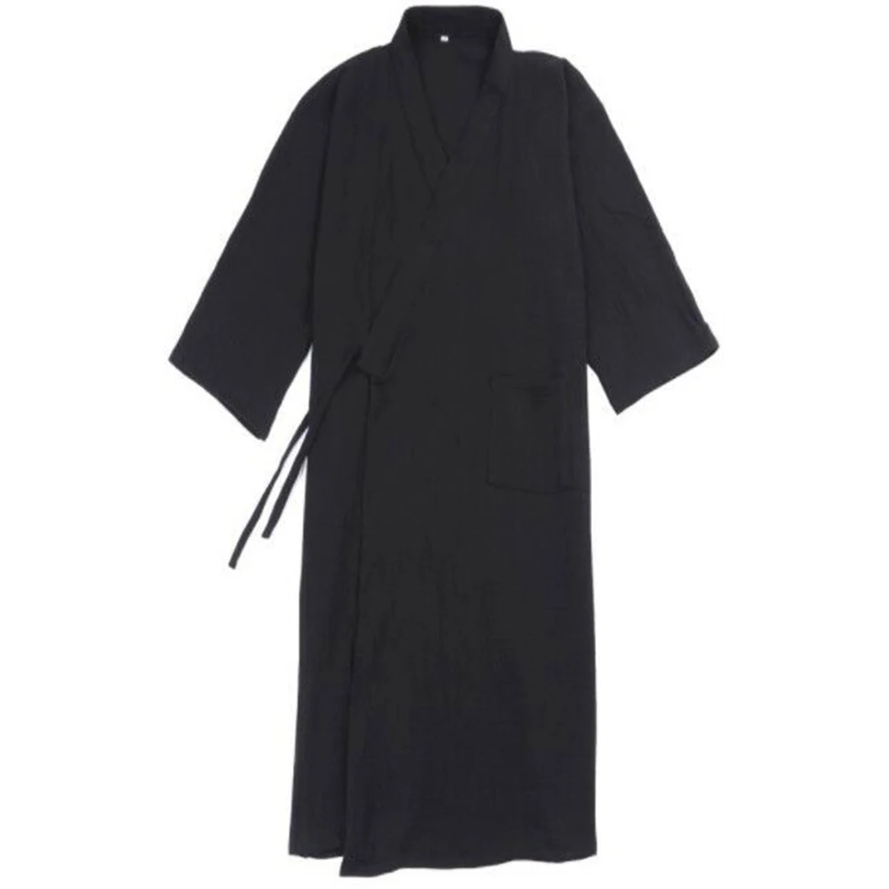 Bata Kimono de estilo japonés para hombre, albornoz largo con cordones de Color sólido, Pijama de algodón con cinturón, ropa para el hogar