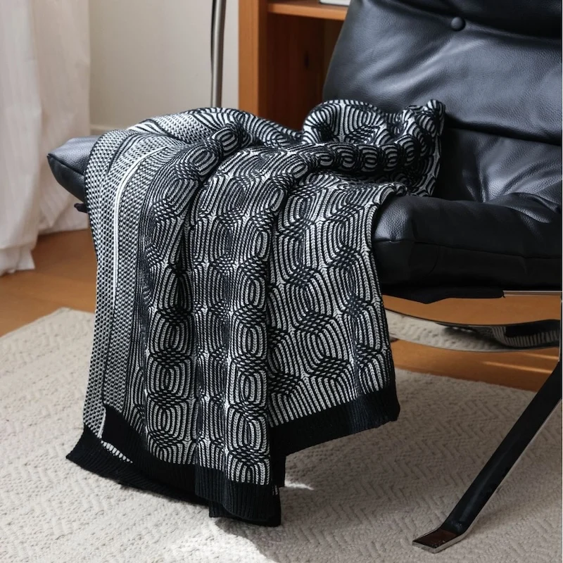 Black Geometric Knitted Blanket Blue Bedspread Modern Art Lines Decorative For Sofa Throw Warm Living Room Bedding Home Decorate