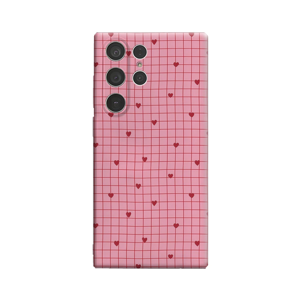 Blush Red Grid Heart Handyhülle für Samsung Galaxy S25 Ultra S24 S23 Ultra Plus, stoßfeste doppellagige Rückseite