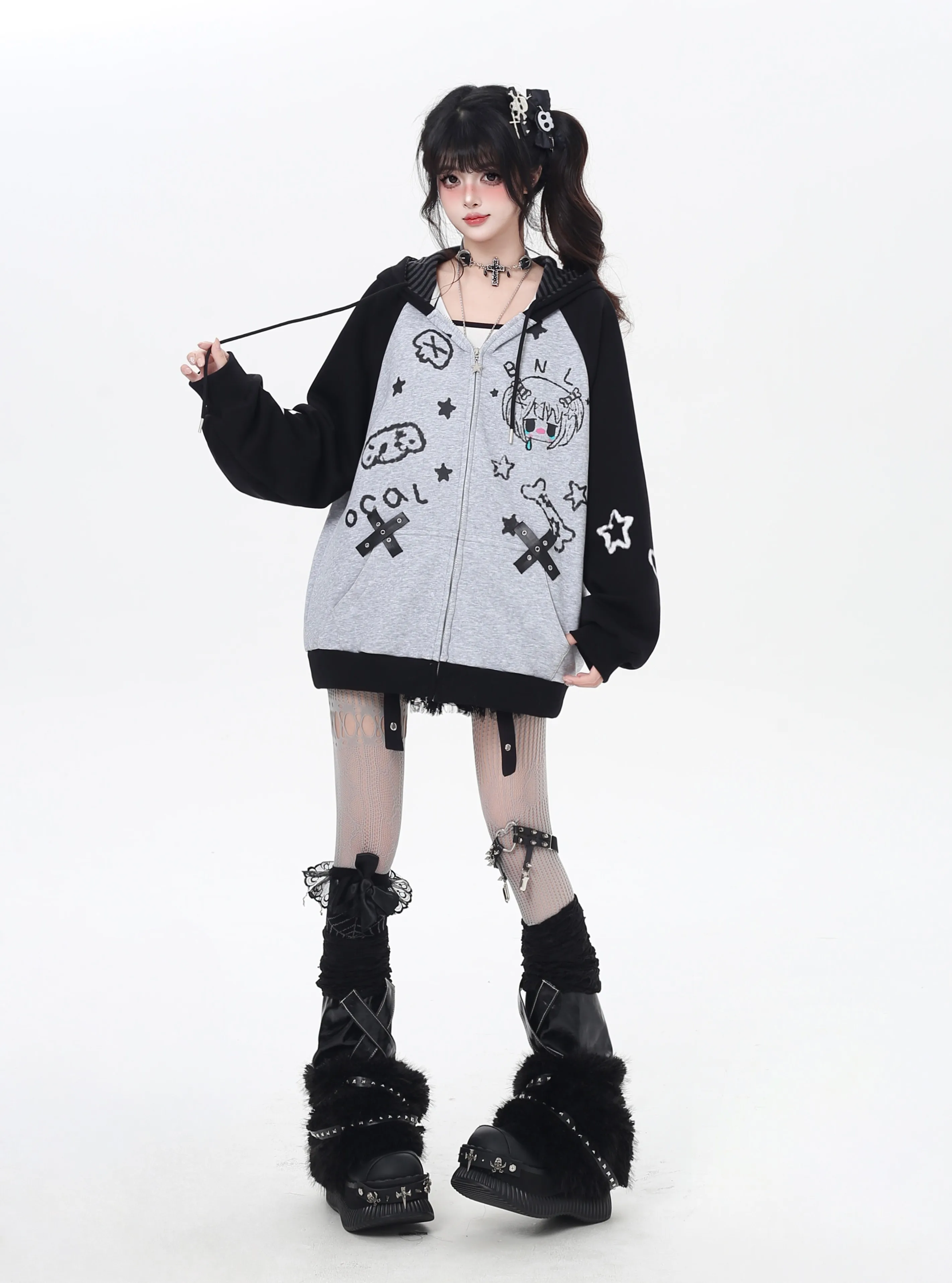 Cartoon Print Sweet Cool Girl Y2K  Zip-up Hoodies Tops Fashion Streetwear Lazy Casual Versatile Sweatshirts Jackets Women Autumn