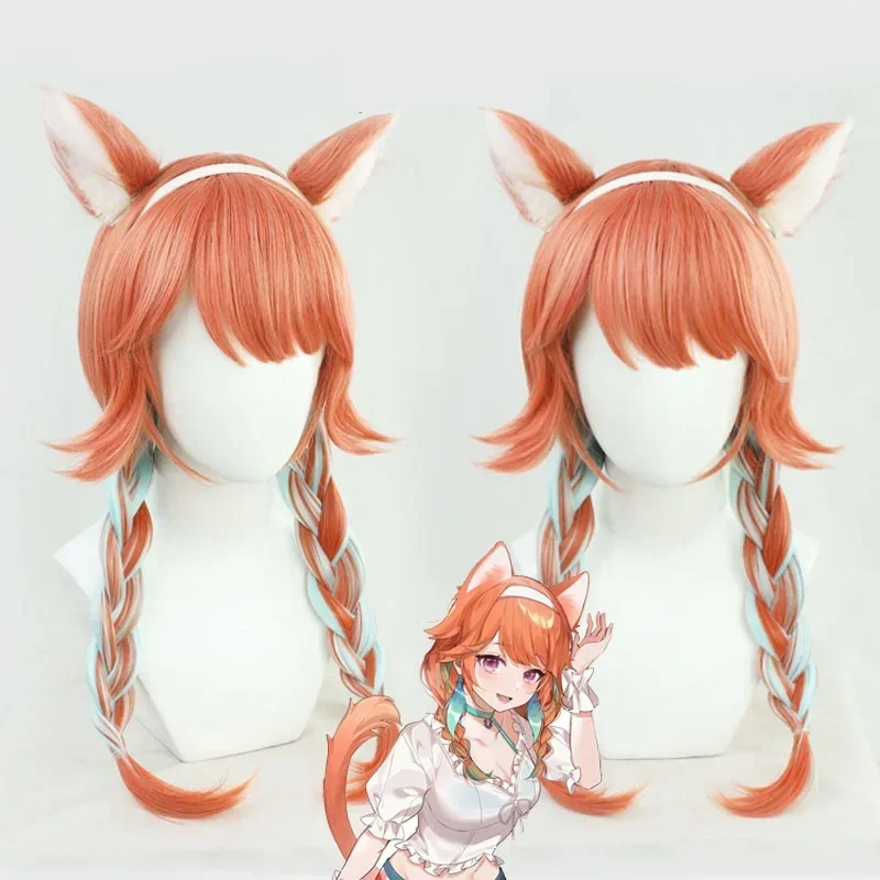 VTuber Takanashi Kiara Cosplay Wig with Ears Hololive AT Kusotori Girls Orange Mixed Green Hair Lolita for Halloween Costume