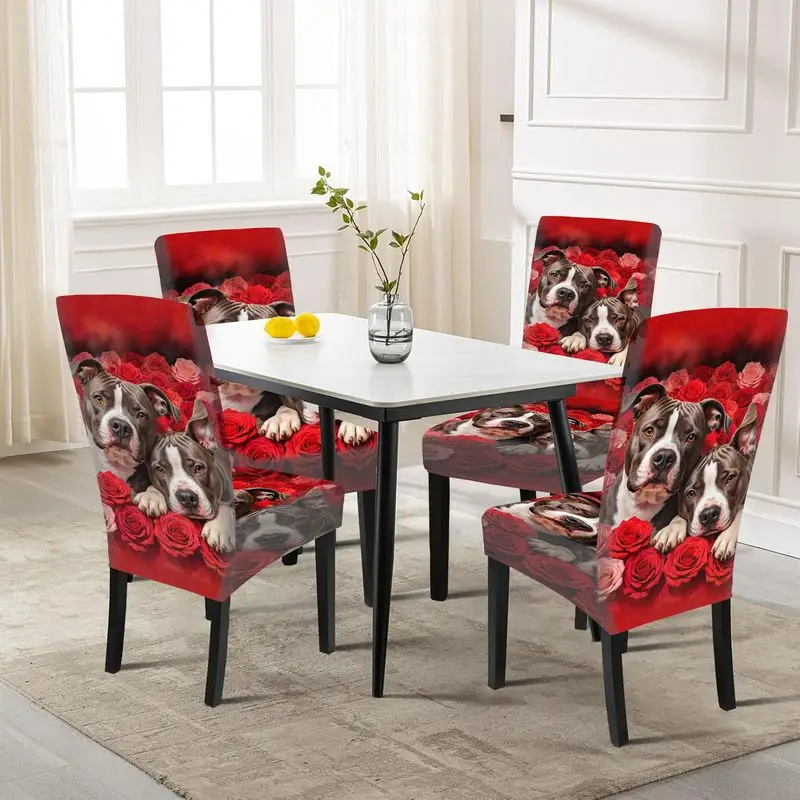 

Чехол для стула с принтом, с рисунком красных роз и пятнистого бульдога, съемный и моющийся чехол для ресторанных стульев.