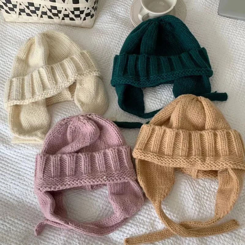 2023 Korea Ins Long Tied Rope Beanies Hat with Earflaps Japanese Outdoor Warm Winter Hat for Women Streetwear Party Funny Hat