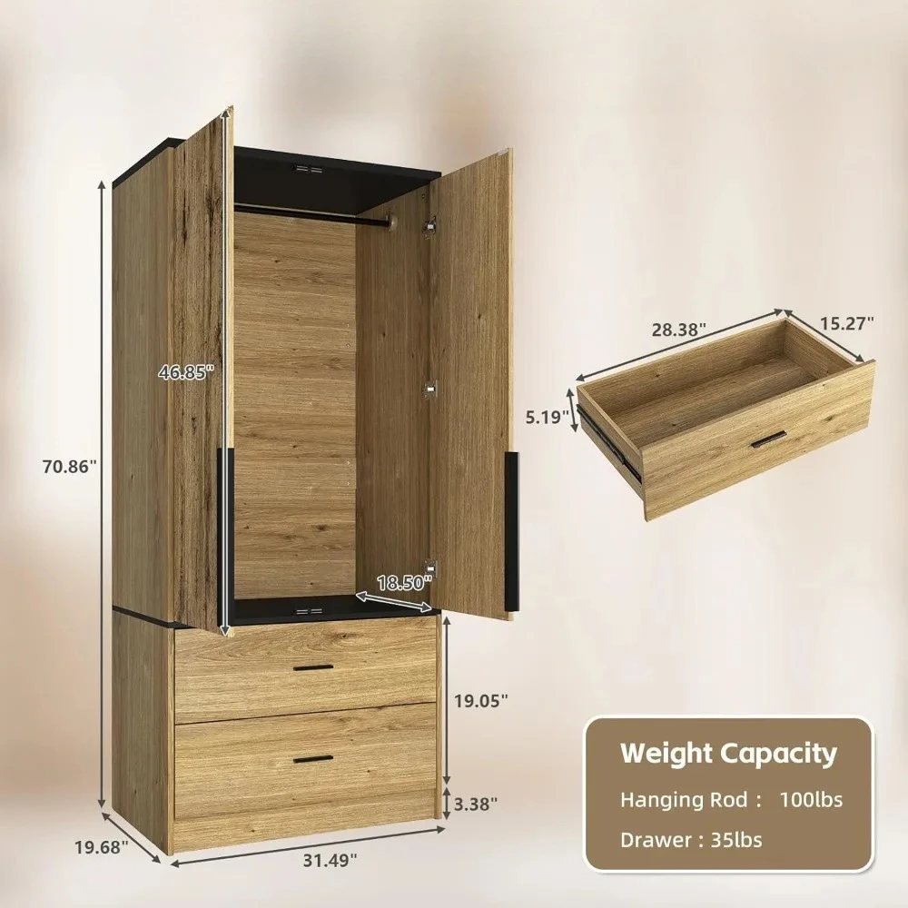 Mirrored Door Wooden Armoire with Hanging Space and Two Drawers for Bedroom Storage