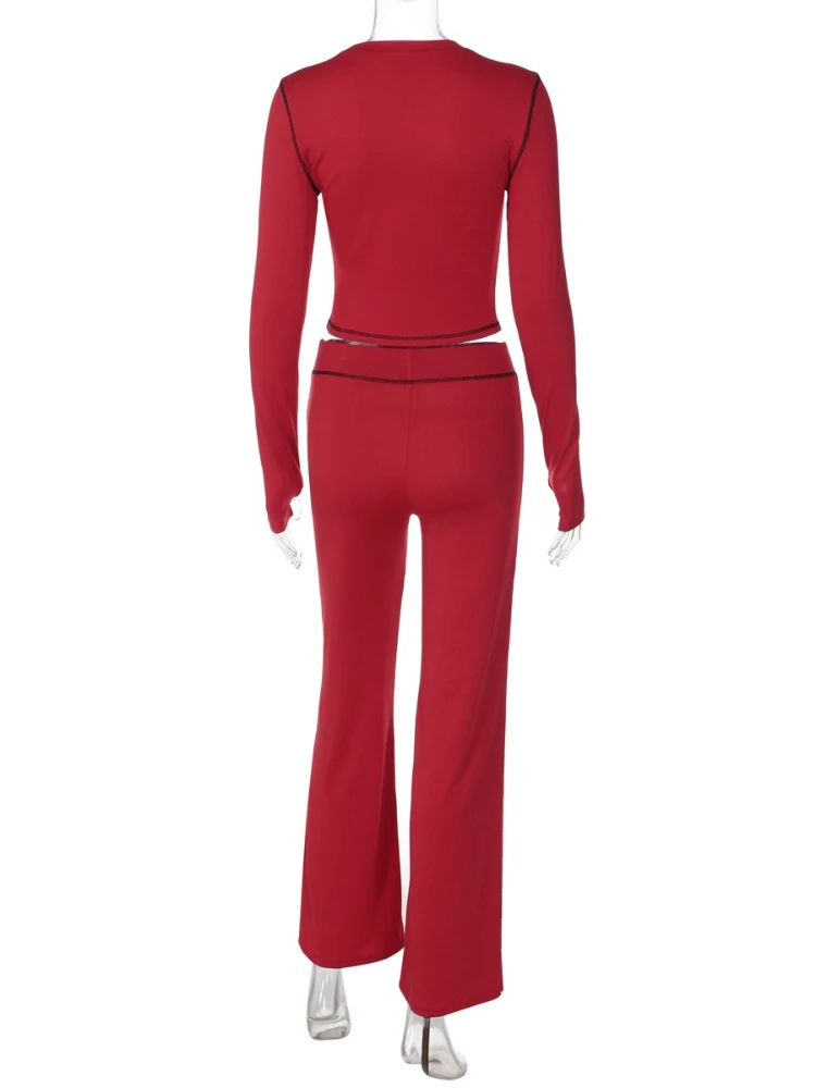 ชุดลำลองสองชิ้นสำหรับผู้หญิง สไตล์ไฮสตรีท สีพื้น คอกลม แขนยาว เสื้อครอปเข้ารูป กางเกงขาบาน แฟชั่นทันสมัย