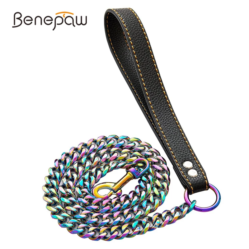 

Benepaw Thick Gold Chain Leash For Large Dogs Heavy Duty Metal Chew Proof Stainless Steel Pet Lead Leather Padded Handle