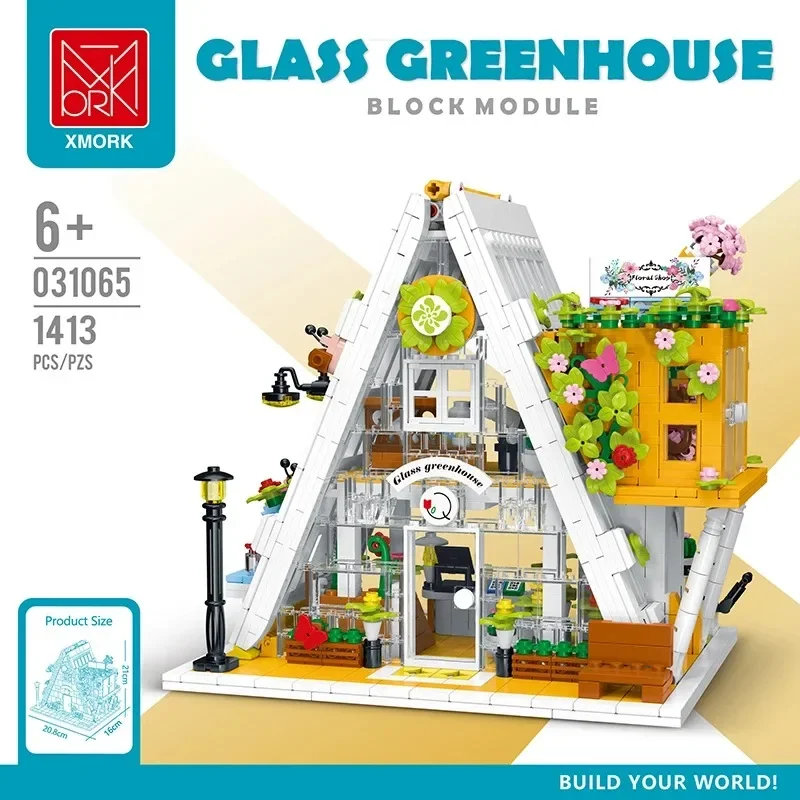 Modular Buildings MOC XMORK 031065 Flower Shop Garden House Triangle Glass Greenhouse Model 1413pcs Building Blocks Brick Toy