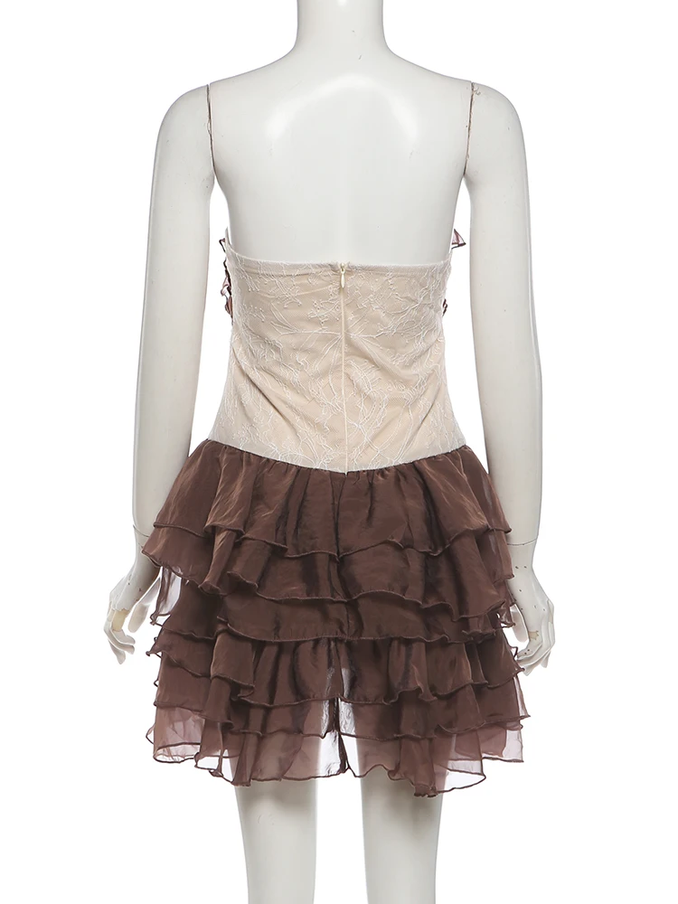 Weird Puss Tiered Kleid Damen 3D-Blumen-Patchwork Jacquard Reißverschluss Brustwickel Ärmellos Süß Elegant Modisch Schick Mini Bodycon – Detail 6