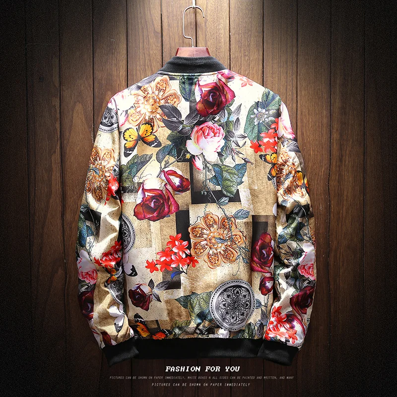 Spring Men's Autumn Flower Print Bomber Jackets Men Fashion Streetwear Hip Hop Slim Fit Coats Male Clothing