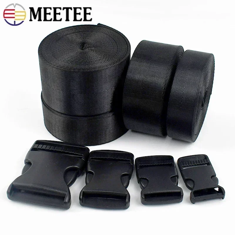 2/5Sets Ribbon Strap Fastener Buckle 20-50mm Release Plastic Buckle+Black Nylon Webbing Backpack Tape Adjust Clip Closure Clasp