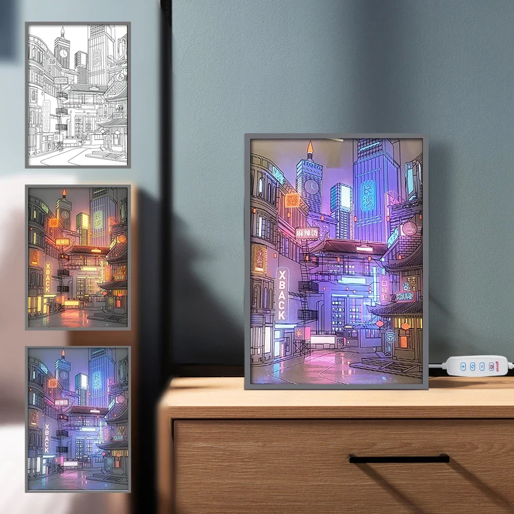 Anime LED Beautiful City Night View Light Painting,HD Picture Narrow Bezel USB Plug Dimming Romantic Home Decorations Night Lamp
