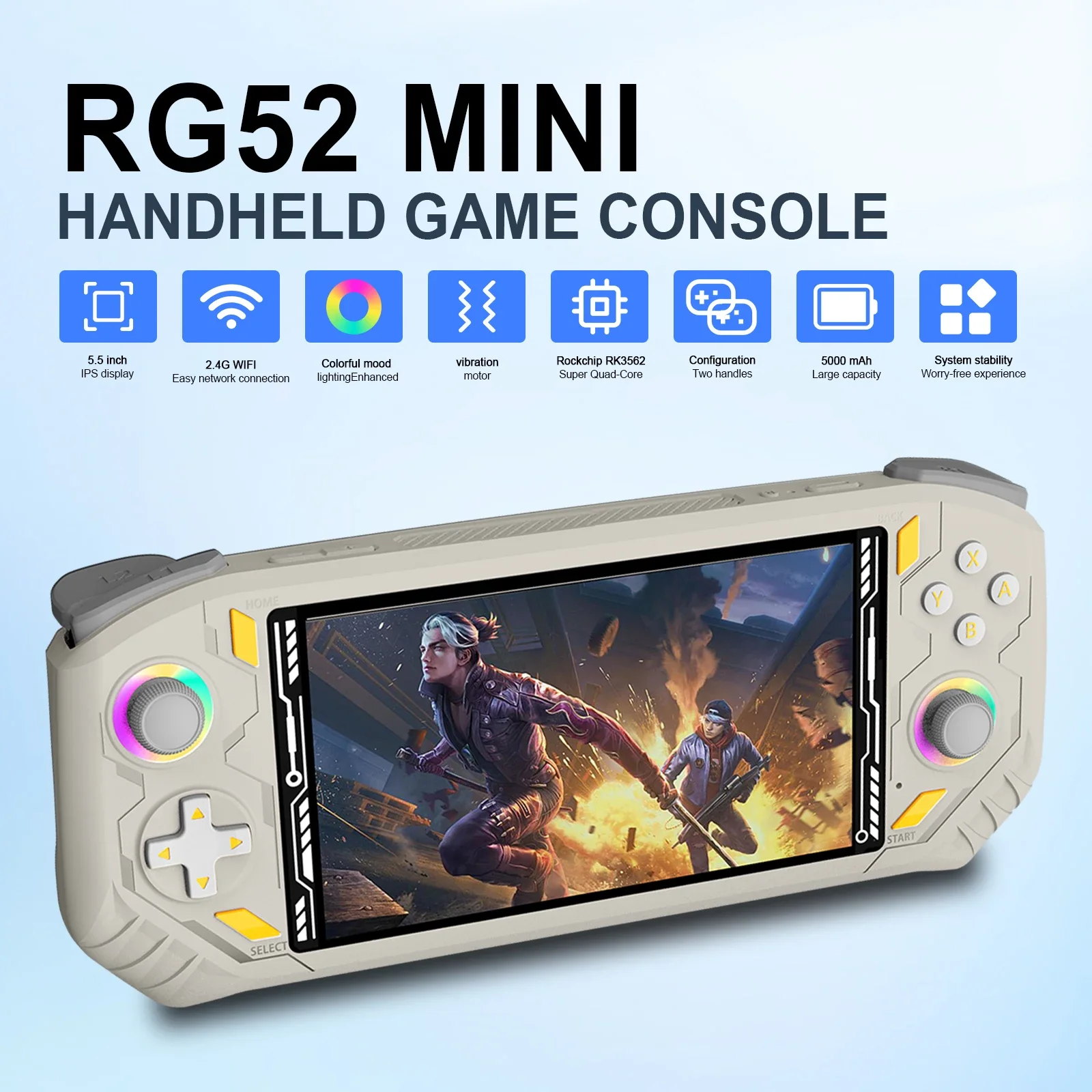 

Портативная игровая консоль RG52 MINI с поддержкой Bluetooth WIFI RK3562 Чип 64/128G EmuELEC Система 5,5-дюймовый IPS-экран Игровая консоль