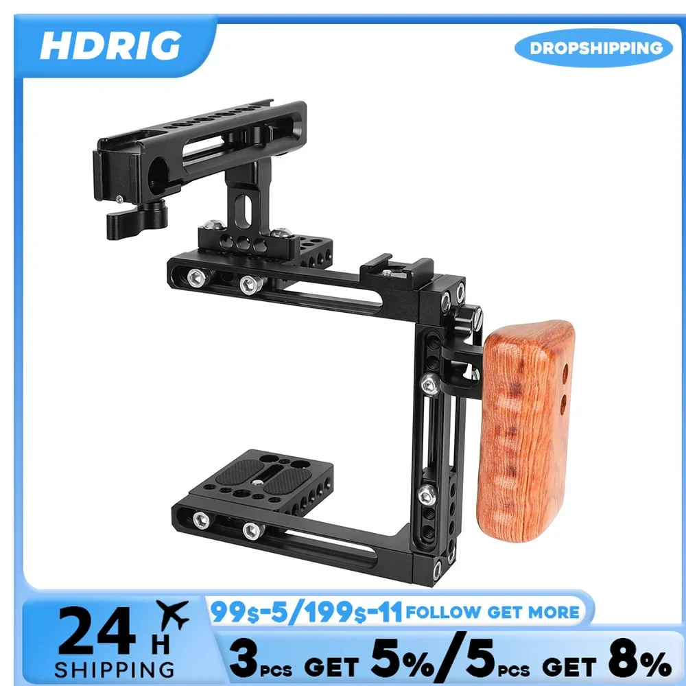 HDRiG Dslr Camera Cage Video Shooting Kit With Adjustable Cheese Handle And Wooden Left Handle for Sony Canon Nikon PanasonicGH4