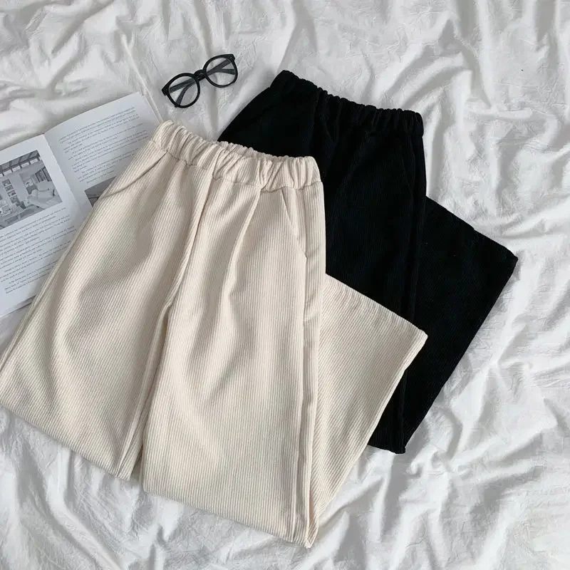 بنطال ذو قصة أرجل واسعة للنساء بطول الكاحل فضفاض بخصر مطاطي موضة الخريف الصلبة أنيقة للطلاب كل مباراة جيوب نسائية بنطلون بسيط