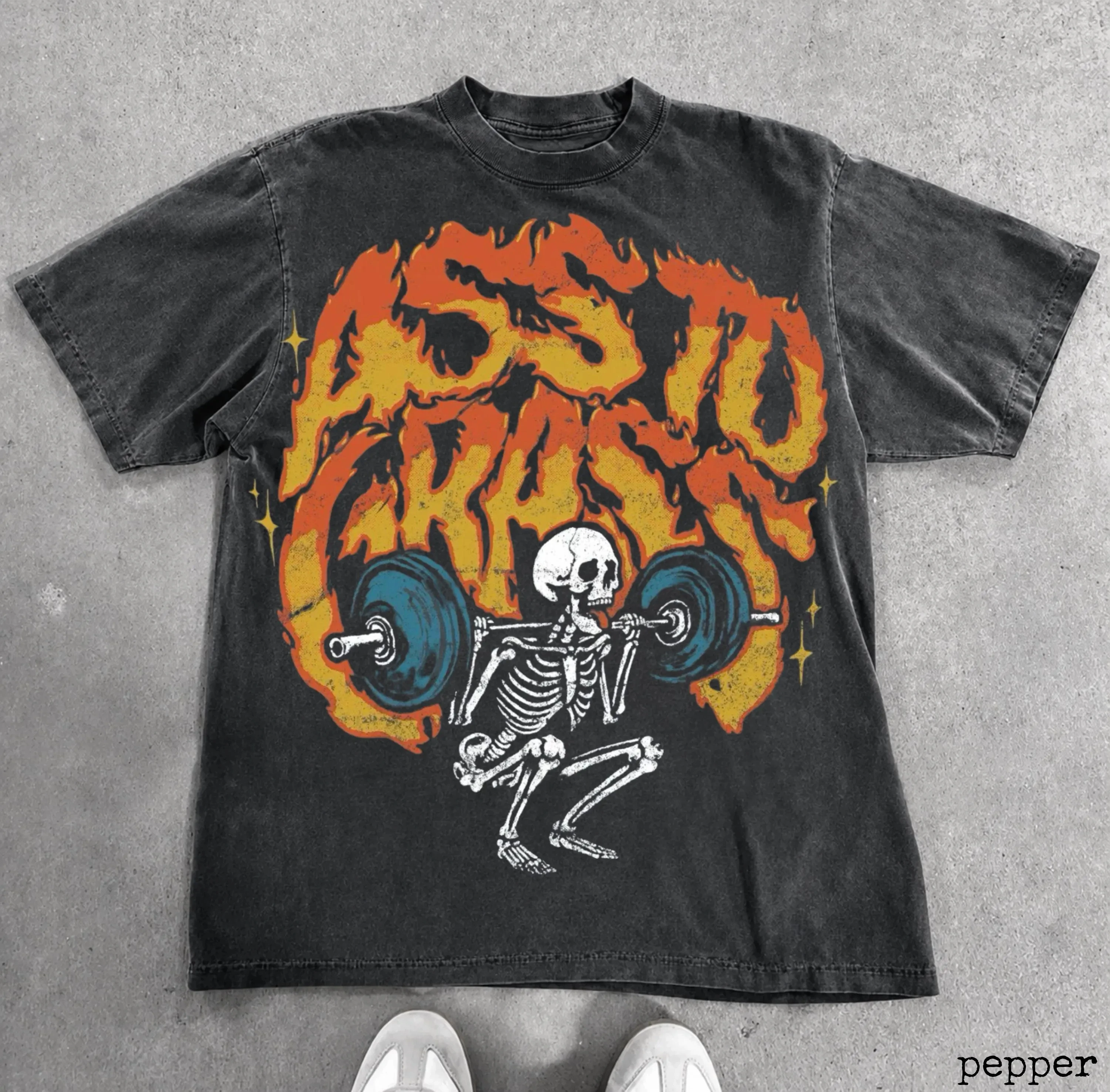 “Men's 'Skeleton Squatting Barbell' Graphic T-Shirt Gym Bro Vintage Fire Flame Streetwear Oversize Dark Grey Tee” Yk2