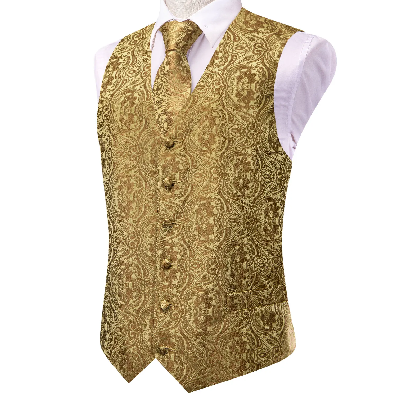 Fashion Brown Silk Vest For Men Jacquard Sleeveless V-Waistcoat Jacket Necktie Hanky Cufflinks Clips Sets Wedding Party Hi-Tie