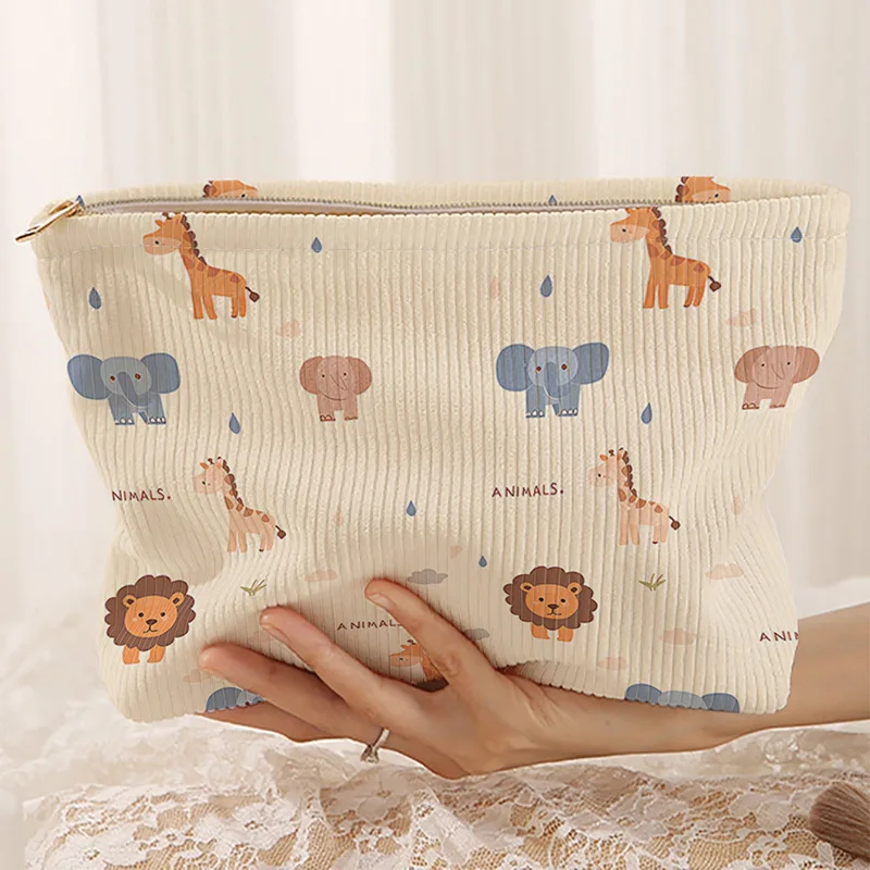 Cute Printed Corduroy Cosmetic Bag Large Capacity Portable Travel Makeup Organizer Pouch for Women Girls