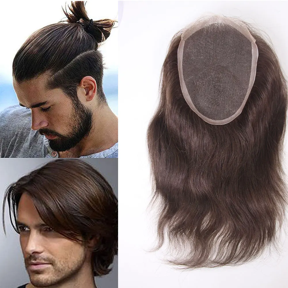 

100%European Virgin Human Hair piece 5x7 Swiss Lace Front Wigs for Men & Women 9" Long Toupee Brown Color