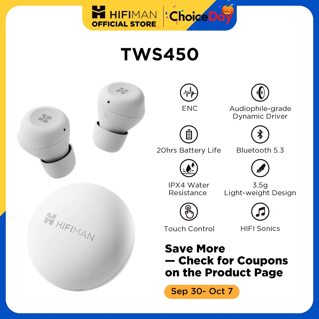 HIFIMAN TWS450 Headset Stereo Nirkabel Sejati dengan Peredam Kebisingan Lingkungan & Driver Dinamis Kelas Audiophile