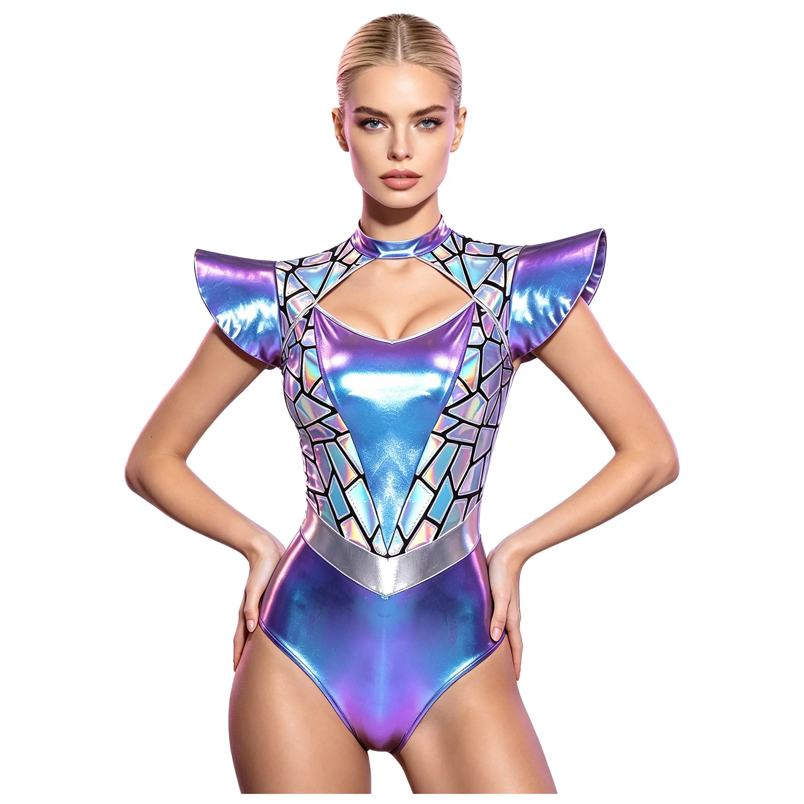 Womens Alien Robot Cosplay Leotard Metallic Shiny Bodysuit Gradient Sequins Front Cutout Fly Sleeve Moc Kneck Carnival Dress Up